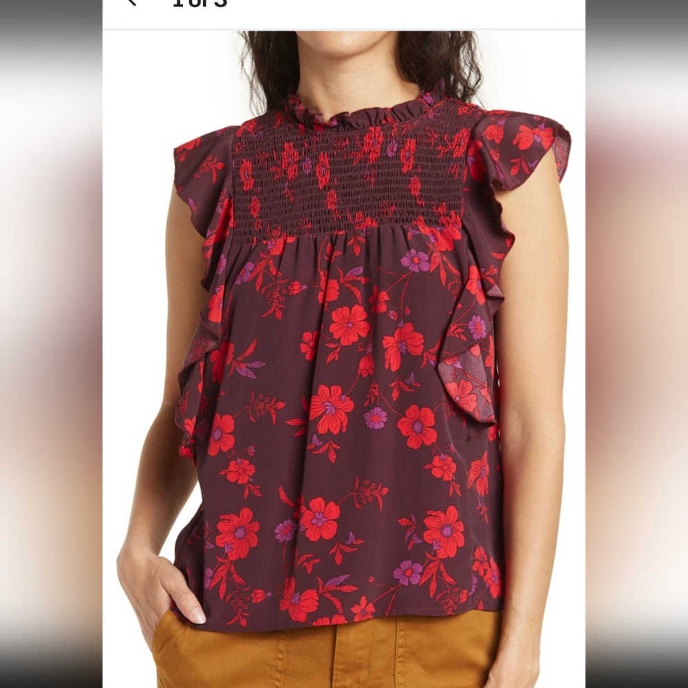 Sanctuary Sleeveless Smocked Floral Blouse With Ruffle Accent - Red and Purple